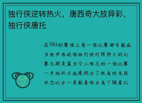 独行侠逆转热火，唐西奇大放异彩，独行侠唐托